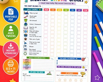 Chore Chart for Tweens | Printable Responsibility Chart | Daily Routine Tracker | Kids Checklist | Reward Chart | Executive Functioning