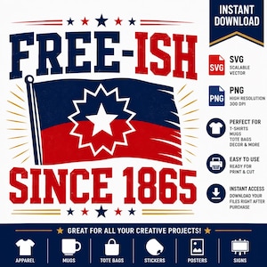 以下が含まれることがあります： 太字の青と赤の文字で「FREE-ISH SINCE 1865」と書かれたデジタルグラフィックデザイン。中央には、青と赤の背景に白い星と白いバーストが描かれたジューンティーンスの旗があります。デザインには、SVG、PNGのアイコンと、アパレル、マグカップ、ポスターなどの様々なクリエイティブな用途を示すアイコンが含まれています。
