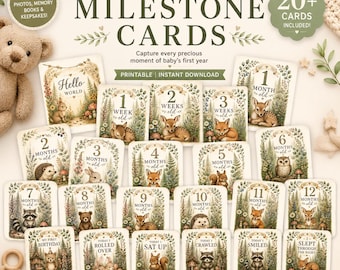 Woodland Baby Milestone Cards | First Year Baby Photo Props | Watercolor Forest Animals | Monthly Milestone Printable | Nursery Decor