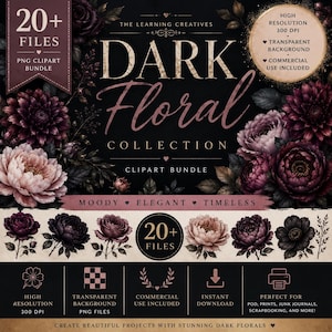 May include: A digital clipart bundle titled Dark Floral Collection featuring over 20 high-resolution PNG files. The design displays dark purple and pink floral arrangements against a black background with text detailing file specifications.