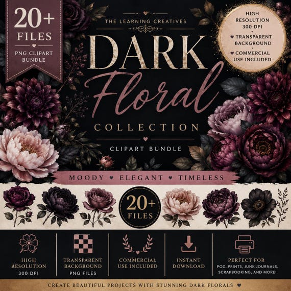 Dark Floral Clipart Bundle PNG | Moody Flowers Clip Art Collection | Gothic Botanical Graphics | Commercial Use