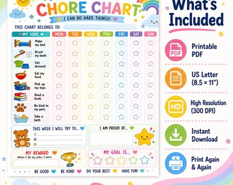 Chore Chart for Kids Ages 3–5 | Printable Preschool Responsibility Chart | Visual Routine Chart | Reward Chart | Instant Download