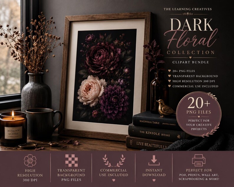 May include: A digital clipart bundle titled Dark Floral Collection featuring over 20 PNG files with transparent backgrounds. The promotional graphic displays a framed print of dark purple and cream flowers, a candle, and stacked books.