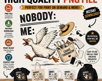 Nobody Me Chaotic Goose PNG, Funny Goose Graphic, Chaos Coordinator Humor Design, Sarcastic Shirt PNG, Digital Download