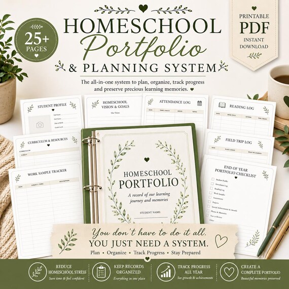 Homeschool Portfolio Starter Kit Printable PDF, Record Keeping Binder, Student Progress Tracker, Attendance Log, IEP Planner, Excellent Gift