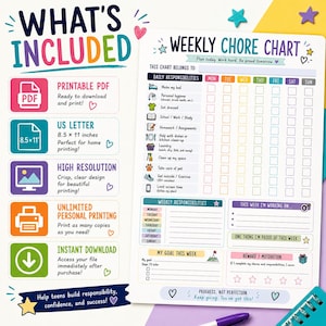 May include: A weekly chore chart printable document featuring sections for daily responsibilities, weekly goals, and rewards. The chart includes icons for tasks like making a bed and laundry, with columns for each day of the week in A4 metric format.
