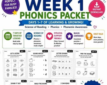 以下が含まれることがあります： 「Week 1 Phonics Packet」と書かれたカラフルな教育用パッケージ。 「Days 1-7 of Learning & Growing!」というテキストが含まれています。 フォニックス、音素認識、読解の科学のためのアクティビティが含まれています。 パッケージは、段階的にスキルを構築するように設計されています。
