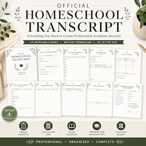 Può includere: Un set di dieci pagine stampabili per un certificato ufficiale di istruzione parentale, che include registro accademico, piano di studi quadriennale, monitoraggio dei crediti, calcolatore GPA e liste di controllo per il diploma.