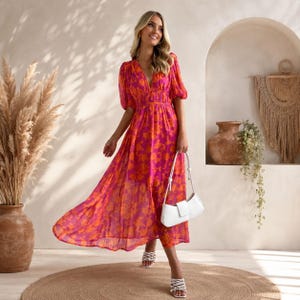 orange fuchsia floral maxi dress KACI FLORAL SMOCKED MAXI DRESS-FUCHSIA/ORANGE The Gatorbug