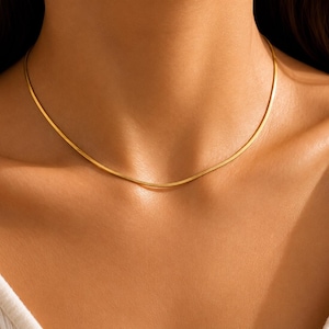 Könnte beinhalten: Eine zarte, goldfarbene Halskette mit einem flachen Schlangenkettendesign. Die Halskette wird um den Hals getragen und liegt auf dem Schlüsselbein. Der Schmuck ist schlicht und elegant, passend für den Alltag oder besondere Anlässe.