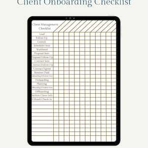 May include: A black and white checklist for client onboarding with a brown grid pattern. The checklist includes tasks such as lead, follow-up, consult, scheduler sent, waitlisted, proposal sent, proposal follow-up, contract sent, contract follow-up, contract signed, retainer paid, onboarding, planning, offboarding, archive client info, and 3 month check-in.