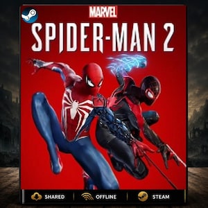 以下が含まれることがあります： Marvel Spider-Man 2のデジタルゲームカバー。赤、青、黒のスーツを着た2人のキャラクターが、無地の赤い背景の前に描かれています。上部には白い文字でタイトルが表示され、下部にはSteamのアイコンとテキストが配置されています。
