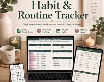 May include: A digital habit and routine tracker template for Excel and Google Sheets displayed on a laptop, tablet, and smartphone. The screen shows a dashboard with progress bars, completion percentages, and a weekly routine builder checklist.