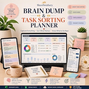 May include: A digital Brain Dump & Task Sorting Planner displayed on a laptop, tablet, and smartphone. The screen shows a dashboard with charts, task lists, and categories. Includes a notebook, pen, mug, and sticky notes with text like Clear Sort Focus.