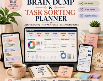 May include: A digital Brain Dump & Task Sorting Planner displayed on a laptop, tablet, and smartphone. The screen shows a dashboard with charts, task lists, and categories. Includes a notebook, pen, mug, and sticky notes with text like Clear Sort Focus.