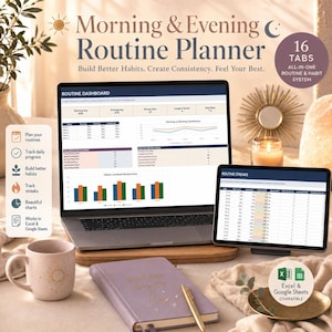 Könnte beinhalten: Ein digitaler Morgen- und Abendroutine-Planer auf einem Laptop- und Tablet-Bildschirm mit Diagrammen und Datentabellen. Enthält ein hellviolettes Notizbuch, einen goldenen Stift und eine gesprenkelte Tasse. Text: Morning & Evening Routine Planner.