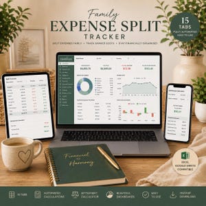 Puede incluir: Un rastreador digital de gastos familiares mostrado en una computadora portátil, tableta y teléfono inteligente. Las pantallas muestran paneles financieros, gráficos y calculadoras. Un cuaderno verde con el texto Financial Harmony y un bolígrafo dorado.