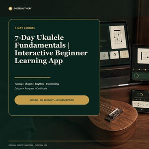 Peut inclure: Une publicité pour une application interactive d'apprentissage du ukulélé sur 7 jours. Le graphique vert foncé présente les détails du cours, incluant accordage, accords, rythme et grattage. Un ukulélé en bois, tablette, ordinateur, smartphone et casque sont visibles.