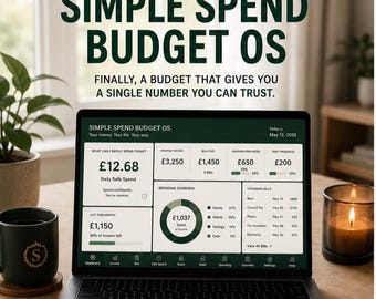 Può includere: Uno schermo di un computer portatile mostra l'interfaccia Simple Spend Budget OS con dati finanziari, tra cui una spesa giornaliera sicura di 12,68 £, un reddito mensile di 3.250 £ e varie categorie di spesa. La data è 12 maggio 2025.