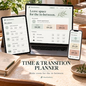 Può includere: Un pianificatore digitale di tempo e transizione visualizzato su un laptop, un tablet e uno smartphone. L'interfaccia mostra programmi con testo come Leave space for the in-between, Dentist appointment e Time & Transition Planner.