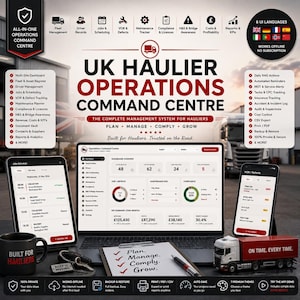 May include: A digital dashboard display for a UK Haulier Operations Command Centre software system, featuring a laptop, tablet, and smartphone showing logistics data, alongside a model truck, a branded mug, and a notepad with the text Plan, Manage, Comply, Grow.