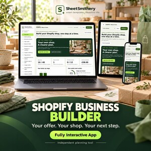Könnte beinhalten: Ein Laptop, ein Tablet und ein Smartphone mit der Benutzeroberfläche des SheetSmithery Shopify Business Builder. Die Bildschirme zeigen ein Dashboard mit dem Text Build your Shopify shop, one step at a time. Die grafische Überlagerung enthält den Text SHOPIFY BUSINESS BUILDER, Your offer. Your shop. Your next step. Fully Interactive App und Independent planning tool.