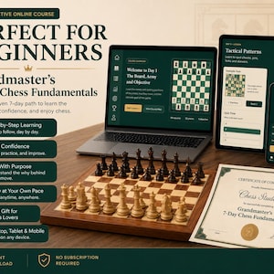 May include: A laptop, tablet, and smartphone displaying an interactive chess course titled Grandmaster's 7-Day Chess Fundamentals, alongside a wooden chessboard with pieces and a certificate of completion. The screen shows chess lessons and progress.
