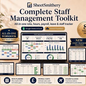 Puede incluir: Un kit de herramientas de gestión de personal de SheetSmithery en un portátil que muestra un panel con turnos, horas, nóminas y vacaciones. Incluye ocho herramientas en una, compatible con Google Sheets y Excel, con gráficos y tablas.