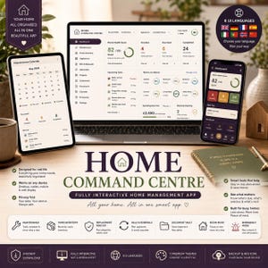 May include: A digital home management application displayed on a laptop, tablet, and smartphone. The interface features a dashboard with a home health score, maintenance calendar, and task lists. The text reads Home Command Centre, Fully Interactive Home Management App, and includes various icons for maintenance, inventory, and bills.