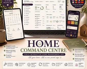Può includere: Un'applicazione digitale per la gestione della casa visualizzata su un portatile, un tablet e uno smartphone. L'interfaccia presenta una dashboard con punteggio di salute, calendario di manutenzione ed elenchi di attività. Il testo recita Home Command Centre, Fully Interactive Home Management App, e include icone per manutenzione, inventario e bollette.