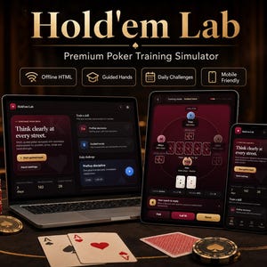 May include: A laptop, tablet, and smartphone displaying the Hold'em Lab premium poker training simulator interface. The screens show poker game data, daily challenges, and guided hands. Poker chips and playing cards are arranged on the table.