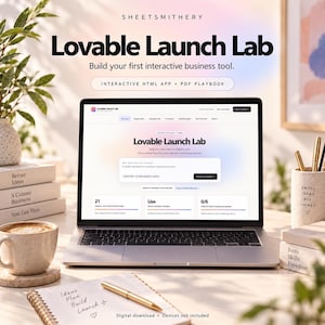 Puede incluir: Un portátil que muestra la interfaz Lovable Launch Lab, una aplicación HTML interactiva y un manual en PDF para herramientas empresariales. La pantalla presenta pasos de proyecto, un prompt de creación y métricas. Incluye un cuaderno de notas.