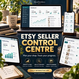 May include: A digital dashboard interface titled Etsy Seller Control Centre displayed on a laptop, smartphone, and two tablets. The screens show analytics, profit and fees, and a content calendar. A notebook with handwritten notes sits on the desk.