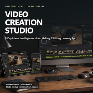 Peut inclure: Une présentation de produit numérique pour l'application Video Creation Studio 7-Day Interactive Beginner Video Making & Editing Learning App de SheetSmithery. L'écran affiche un logiciel de montage vidéo avec une timeline et des outils.