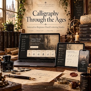 May include: A digital calligraphy learning set featuring a laptop, tablet, and smartphone displaying the Calligraphy Through the Ages interactive studio. Includes a black ink bottle, fountain pens, and parchment paper on a wooden desk.