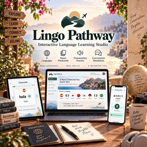 以下が含まれることがあります： Lingo Pathwayのインタラクティブな言語学習スタジオのディスプレイ。ノートパソコン、タブレット、スマートフォンで学習ソフトウェアが表示され、パスポート、ペン付きノート、地球儀、テキストが書かれたマグカップが木製のデスクの上に置かれています。
