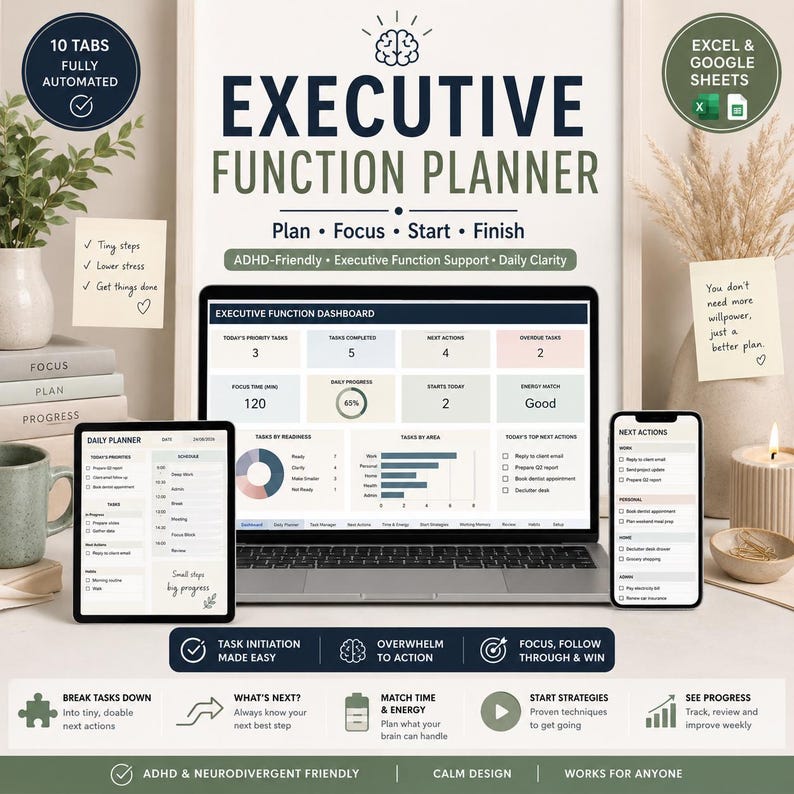 May include: An Executive Function Planner digital template displayed on a laptop, tablet, and smartphone. The screen shows a dashboard with task metrics, progress bars, and daily planning sections. Text includes "Plan, Focus, Start, Finish" and "ADHD-Friendly." The layout features organised tabs for task management, time tracking, and energy monitoring.