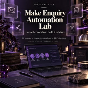 May include: A digital course titled Make Enquiry Automation Lab featuring a laptop displaying an automation workflow, floating translucent icons for trigger, condition, store, and action, plus text detailing 21 lessons, a simulator, and a PDF playbook.