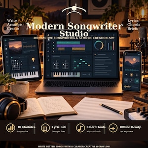 May include: A laptop, tablet, and smartphone displaying the Modern Songwriter Studio app interface with music production tools, waveforms, and piano keys. The setup includes a notebook, pen, and headphones, with text detailing 10 modules, lyric lab, chord tools, and offline capabilities.