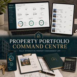 Puede incluir: Un portátil y una tableta con el panel de control Property Portfolio Command Centre, un smartphone, un portapapeles con resumen de propiedades, un cuaderno verde oscuro, un bolígrafo negro, una calculadora y un juego de llaves.
