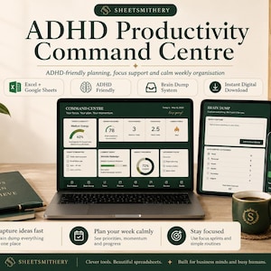 May include: A digital ADHD Productivity Command Centre displayed on a laptop, tablet, and smartphone. The interface features dark green and white dashboards for planning, focus support, and organization, including charts, task lists, and a timer.