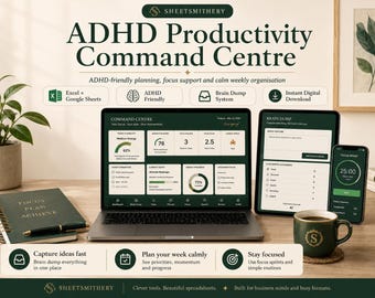 May include: A digital ADHD Productivity Command Centre displayed on a laptop, tablet, and smartphone. The interface features dark green and white dashboards for planning, focus support, and organisation, including charts, task lists, and a timer.