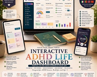 May include: An interactive ADHD life dashboard displayed on a laptop, tablet, and smartphone. The screen shows task lists, a brain dump, a body-doubling timer, and planning tools. A green notebook with a gold pen sits on the desk surface.
