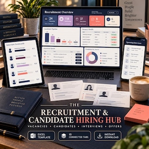 May include: A digital recruitment and candidate hiring hub dashboard displayed on a laptop, tablet, and smartphone. The screen shows recruitment metrics, interview scorecards, and candidate profiles. A notebook, a mug, and printed documents are present.