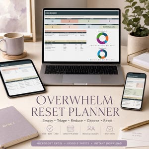 May include: A digital Overwhelm Reset Planner displayed on a laptop, tablet, and smartphone. The screens show dashboards with charts, tables, and task lists. A purple notebook, a coffee mug, and a pen are arranged on the desk surface.