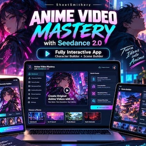 May include: A digital interface for Anime Video Mastery with Seedance 2.0 displayed on a laptop, smartphone, and tablet. The screens show character and scene builder tools with anime-style graphics, menus, and settings for creating animated videos.