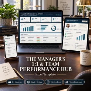 Può includere: Un cruscotto di gestione digitale visualizzato su un portatile, un tablet e uno smartphone. Gli schermi mostrano metriche di performance del team ed elenchi di attività. Il testo recita The Manager's 1:1 & Team Performance Hub Excel Template.