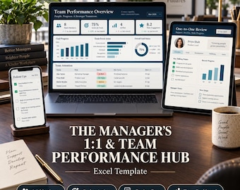 Può includere: Un cruscotto di gestione digitale visualizzato su un portatile, un tablet e uno smartphone. Gli schermi mostrano metriche di performance del team ed elenchi di attività. Il testo recita The Manager's 1:1 & Team Performance Hub Excel Template.