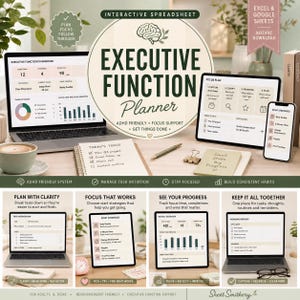 May include: An interactive executive function planner for Excel and Google Sheets featuring a dashboard, focus plan, and task breakdown. The digital interface displays charts, checklists, and strategy lists for task management, productivity, and progress tracking.