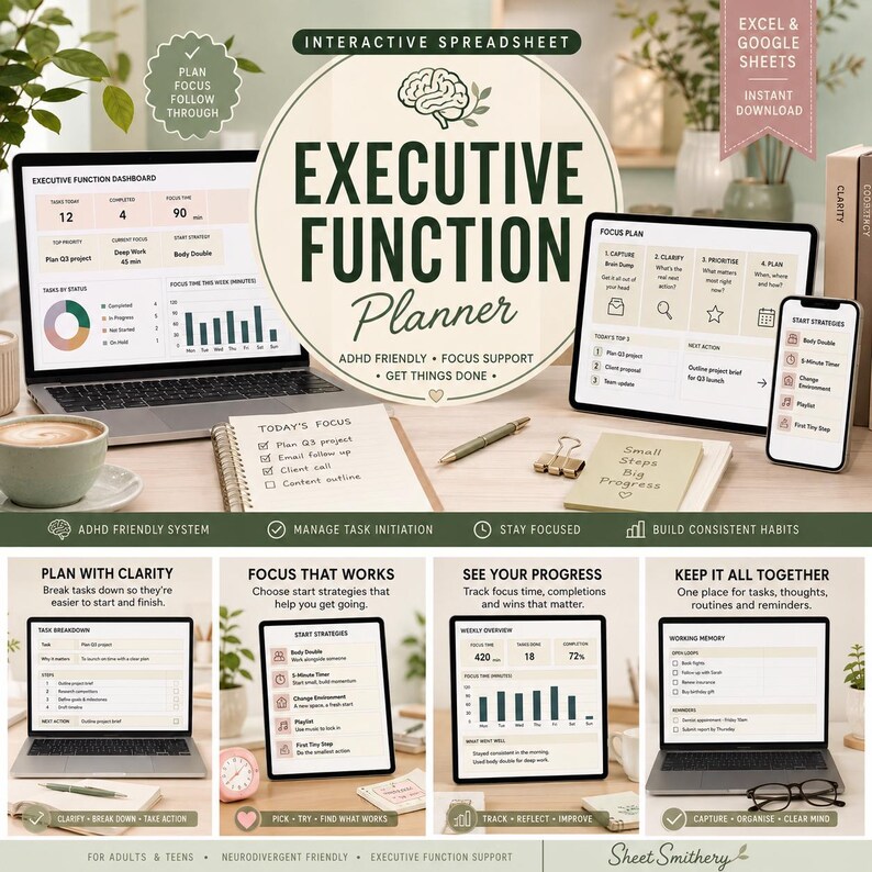 May include: An interactive executive function planner for Excel and Google Sheets featuring a dashboard, focus plan, and task breakdown. The digital interface displays charts, checklists, and strategy lists for task management, productivity, and progress tracking.